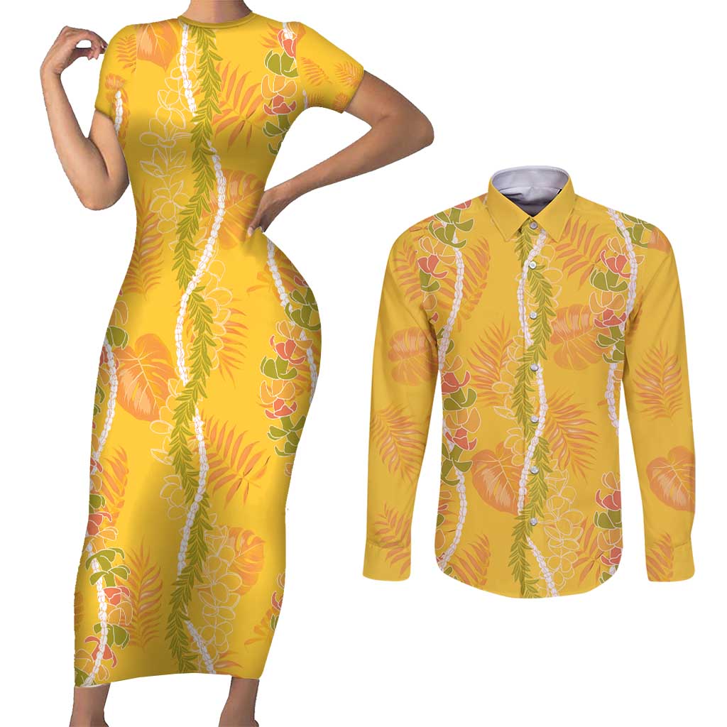 Hawaii Maile Lei Couples Matching Short Sleeve Bodycon Dress and Long Sleeve Button Shirt With Yellow Monstera Pattern