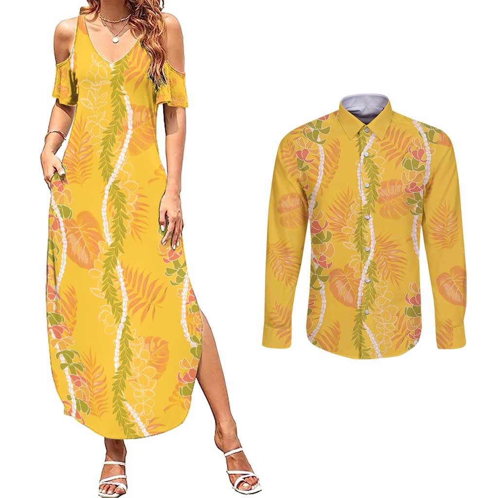 Hawaii Maile Lei Couples Matching Summer Maxi Dress and Long Sleeve Button Shirt With Yellow Monstera Pattern