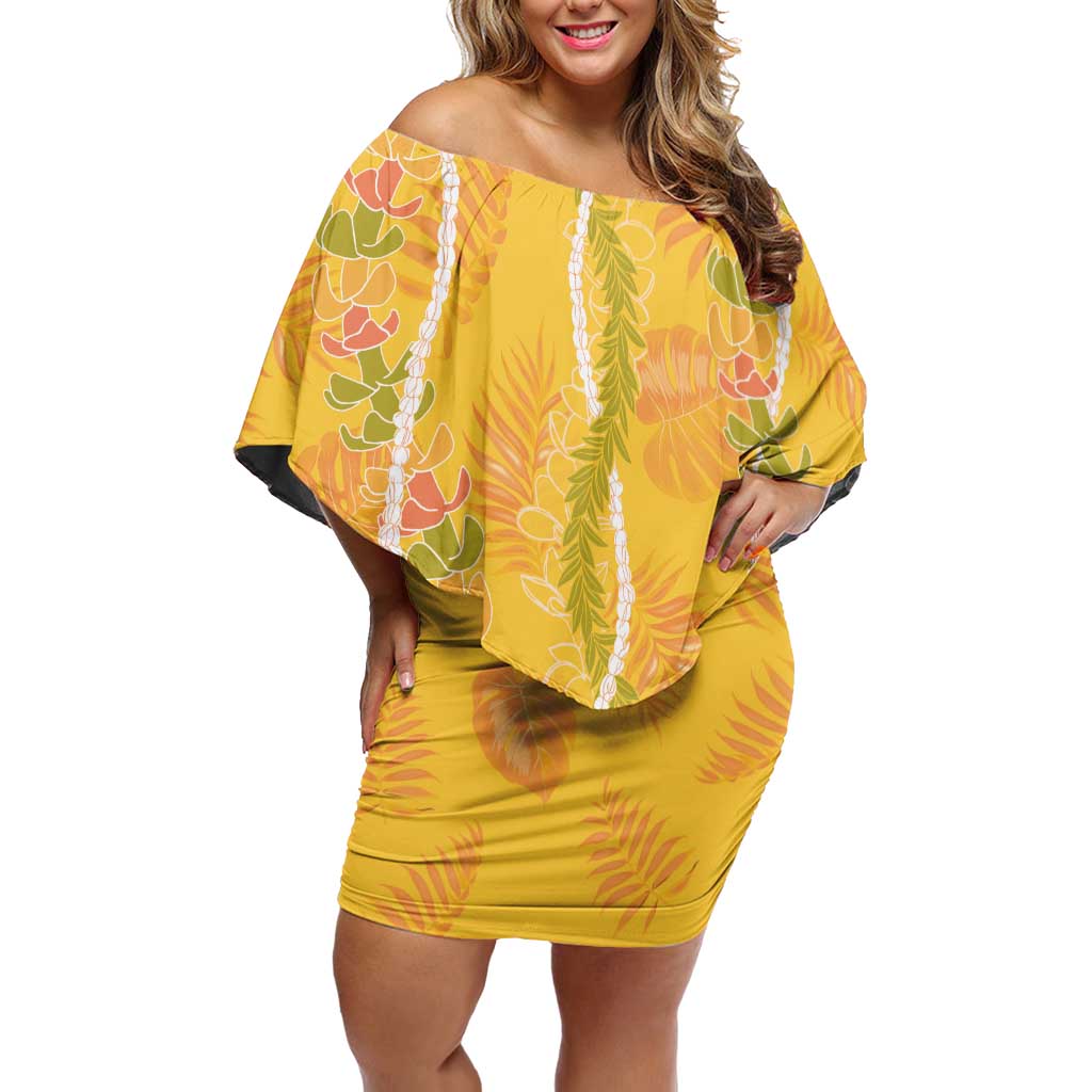 Hawaii Maile Lei Family Matching Off Shoulder Short Dress and Hawaiian Shirt With Yellow Monstera Pattern