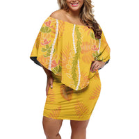 Hawaii Maile Lei Family Matching Off Shoulder Short Dress and Hawaiian Shirt With Yellow Monstera Pattern