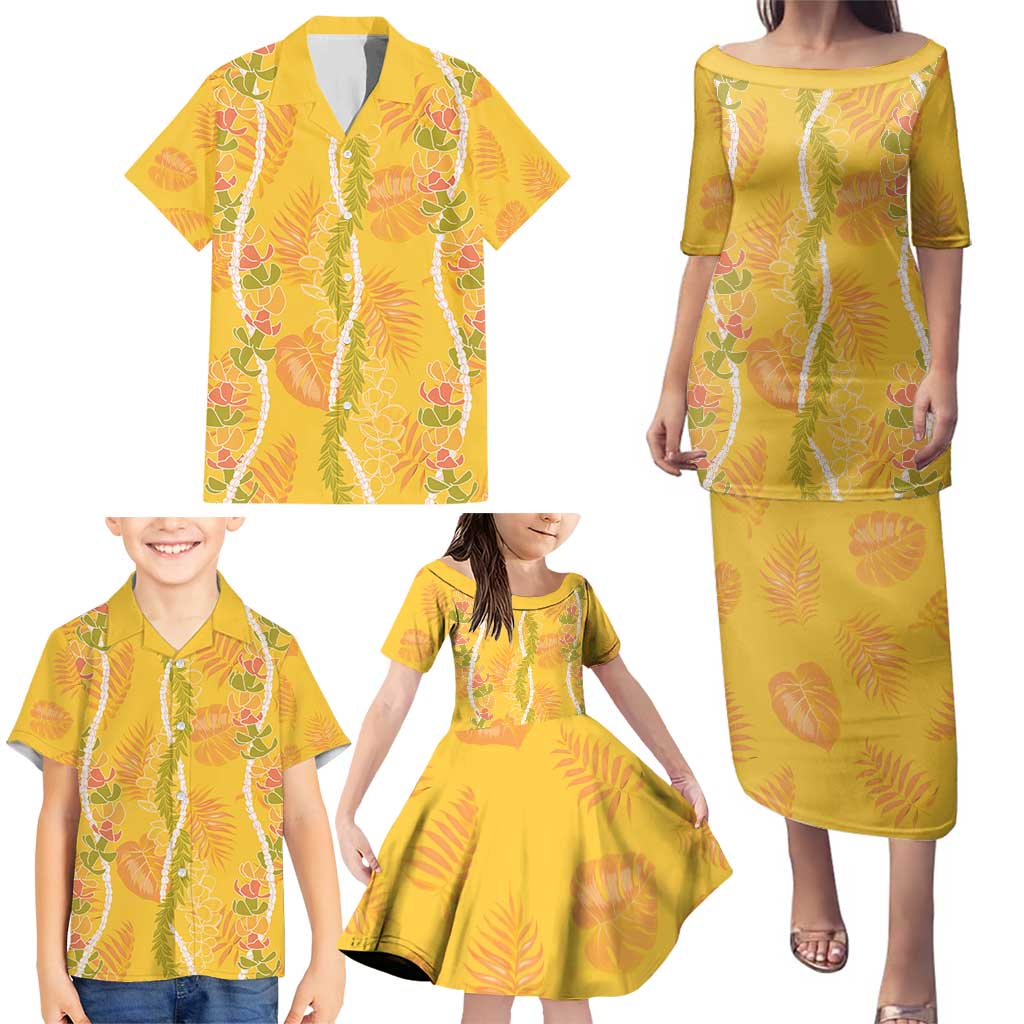 Hawaii Maile Lei Family Matching Puletasi and Hawaiian Shirt With Yellow Monstera Pattern