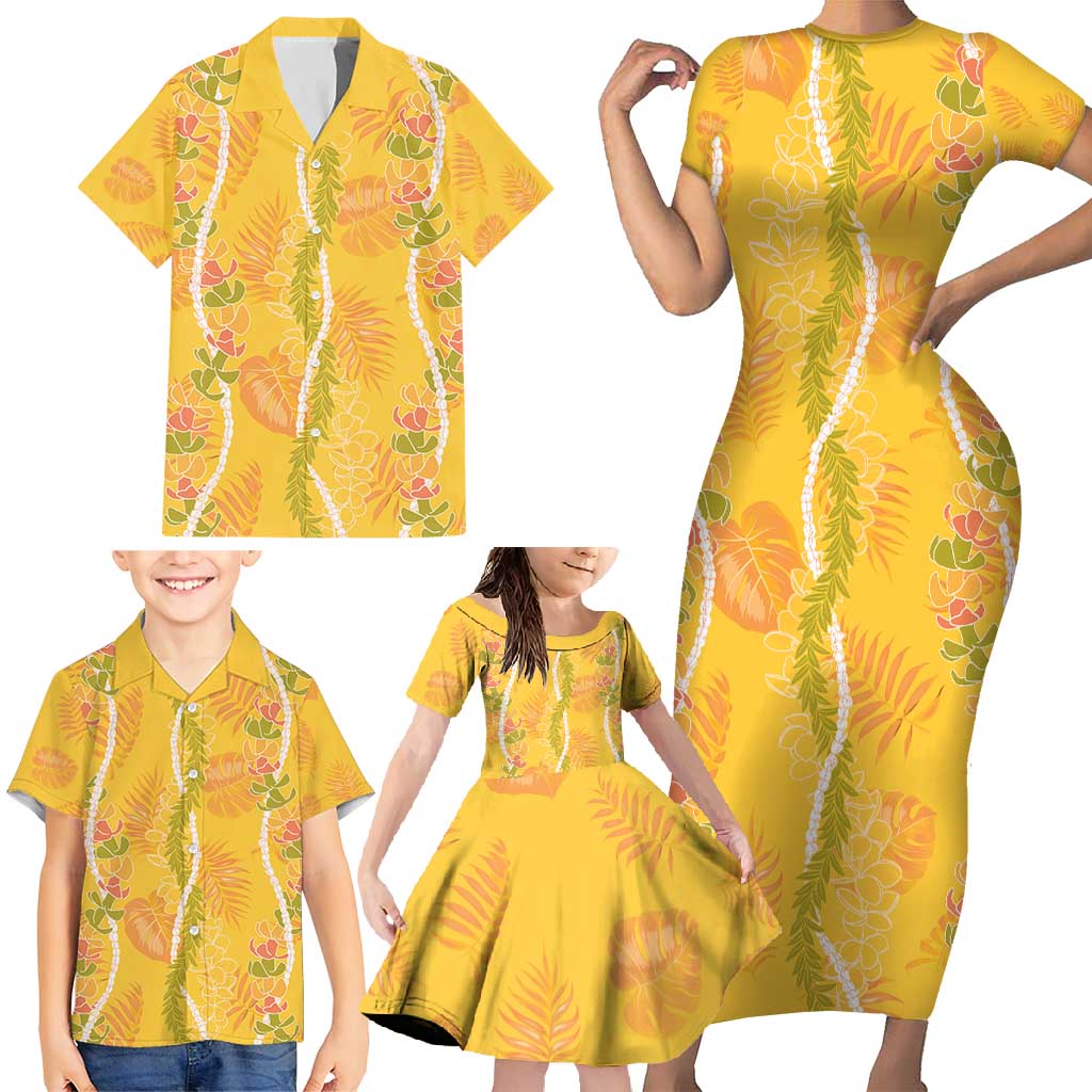 Hawaii Maile Lei Family Matching Short Sleeve Bodycon Dress and Hawaiian Shirt With Yellow Monstera Pattern