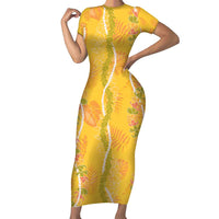 Hawaii Maile Lei Family Matching Short Sleeve Bodycon Dress and Hawaiian Shirt With Yellow Monstera Pattern