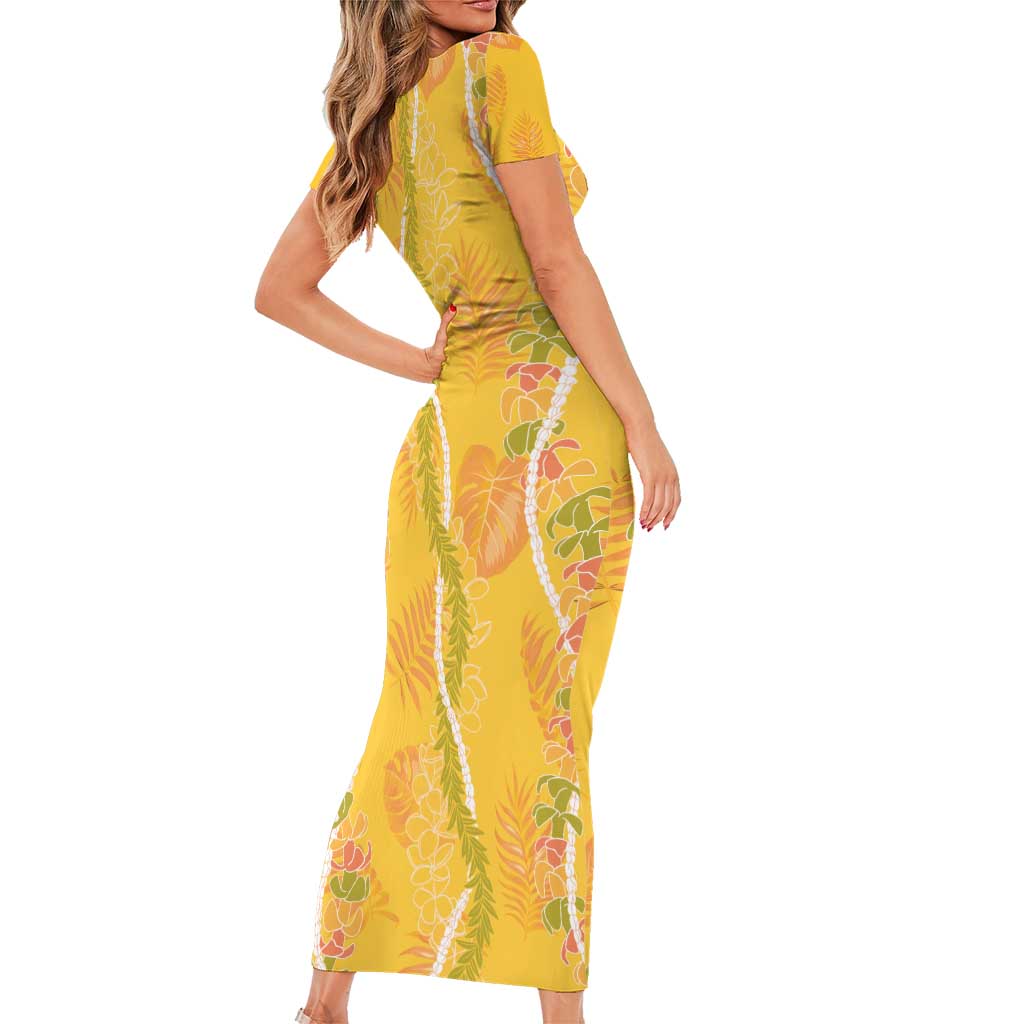 Hawaii Maile Lei Family Matching Short Sleeve Bodycon Dress and Hawaiian Shirt With Yellow Monstera Pattern