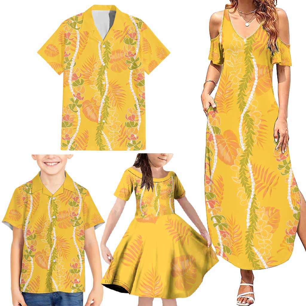 Hawaii Maile Lei Family Matching Summer Maxi Dress and Hawaiian Shirt With Yellow Monstera Pattern
