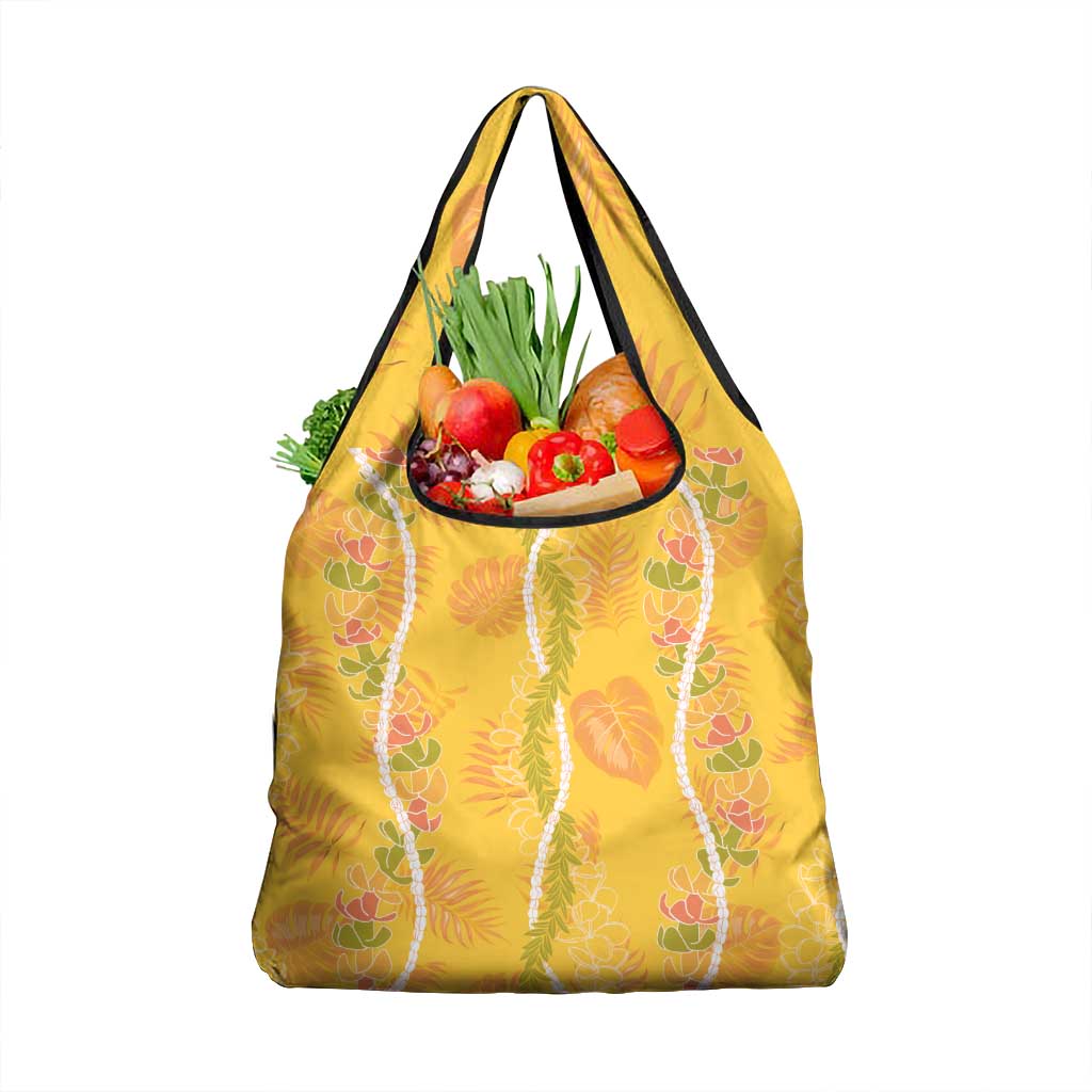 Hawaii Maile Lei Grocery Bag With Yellow Monstera Pattern