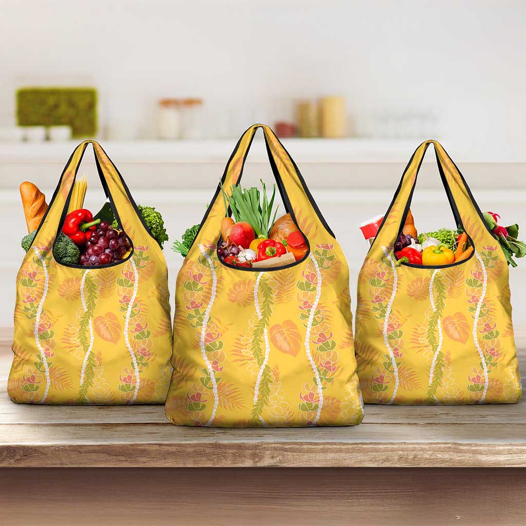 Hawaii Maile Lei Grocery Bag With Yellow Monstera Pattern