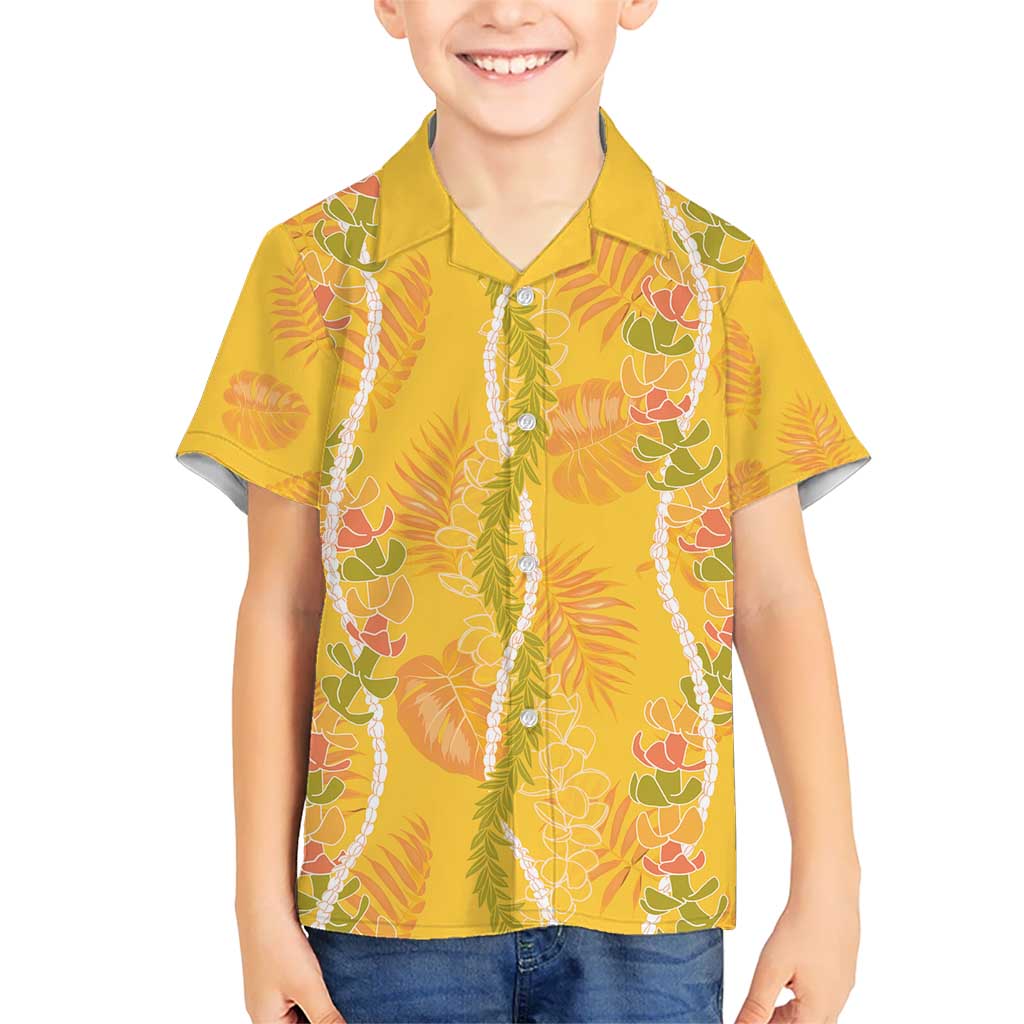 Hawaii Maile Lei Kid Hawaiian Shirt With Yellow Monstera Pattern