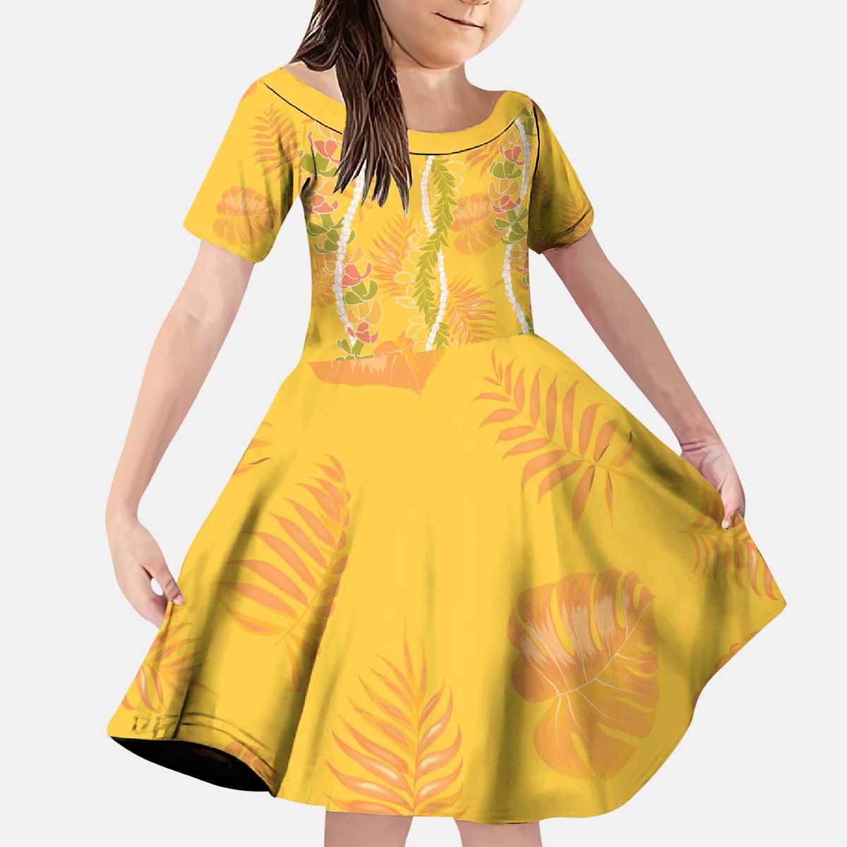 Hawaii Maile Lei Kid Short Sleeve Dress With Yellow Monstera Pattern