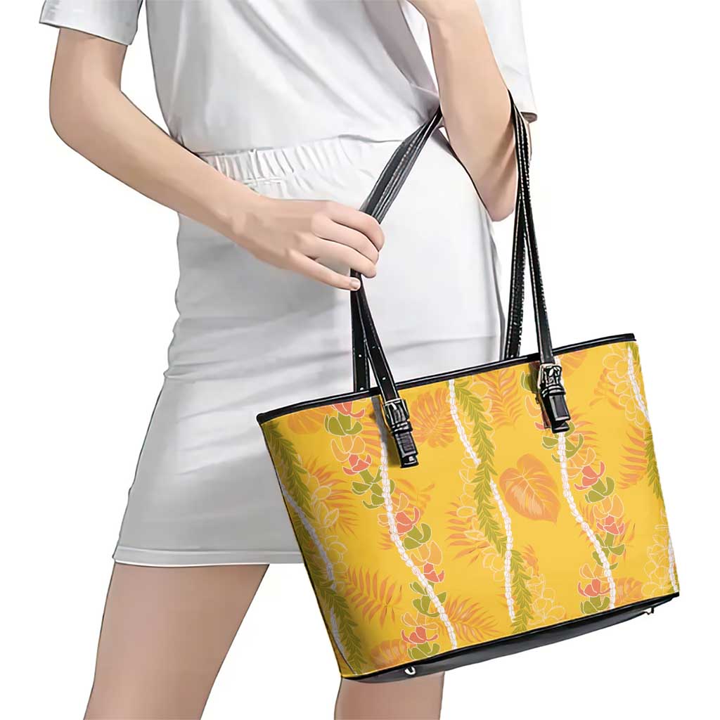 Hawaii Maile Lei Leather Tote Bag With Yellow Monstera Pattern