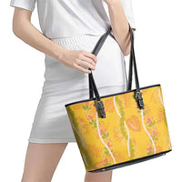 Hawaii Maile Lei Leather Tote Bag With Yellow Monstera Pattern