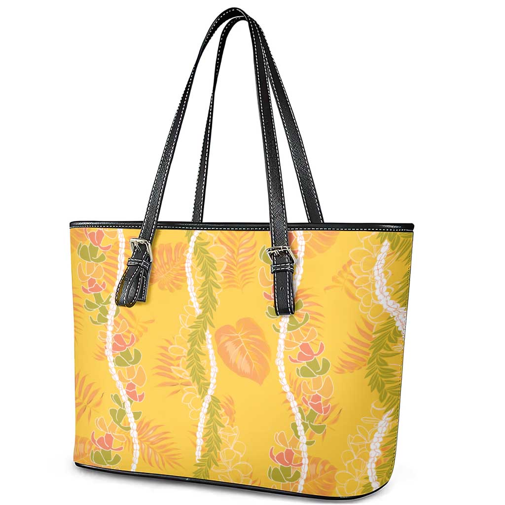 Hawaii Maile Lei Leather Tote Bag With Yellow Monstera Pattern