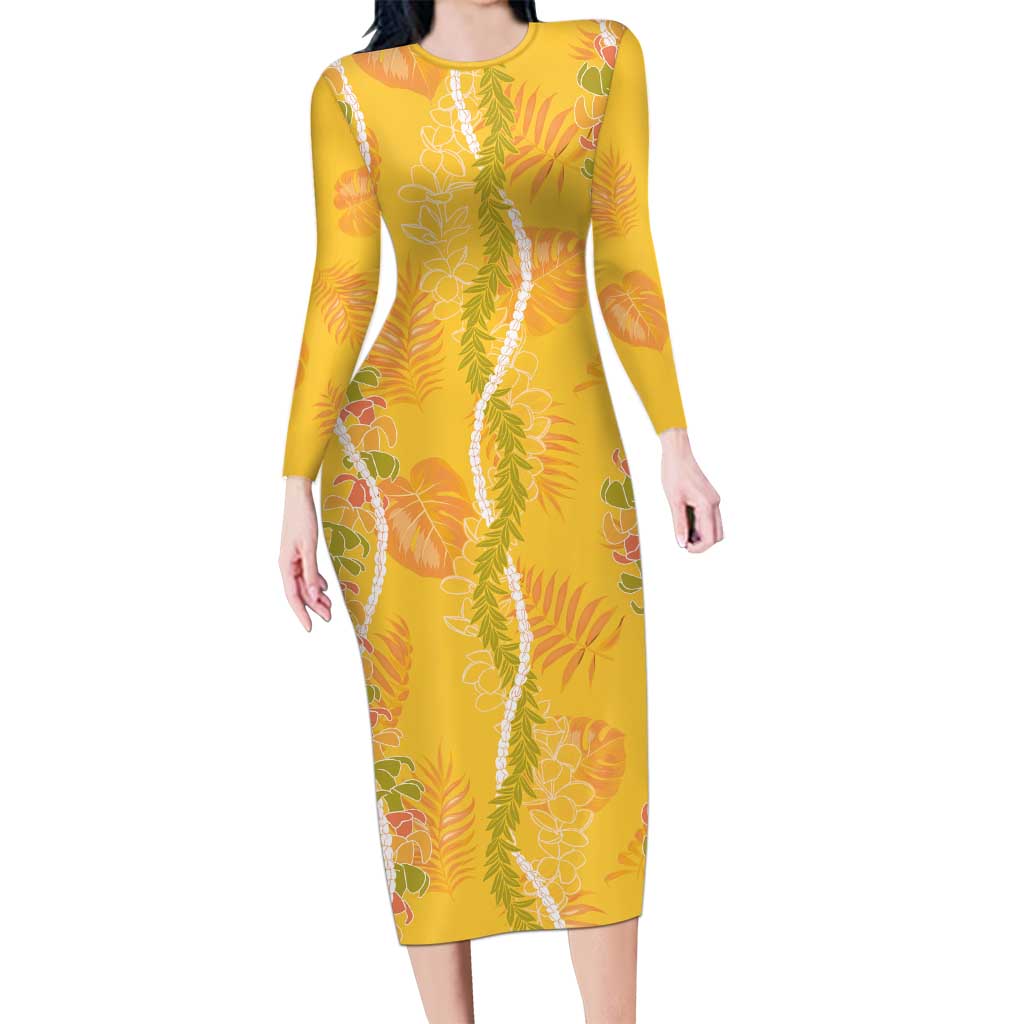 Hawaii Maile Lei Long Sleeve Bodycon Dress With Yellow Monstera Pattern