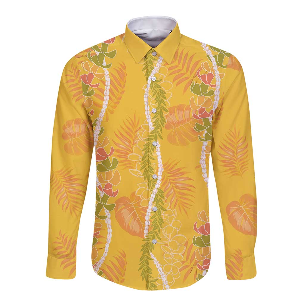 Hawaii Maile Lei Long Sleeve Button Shirt With Yellow Monstera Pattern