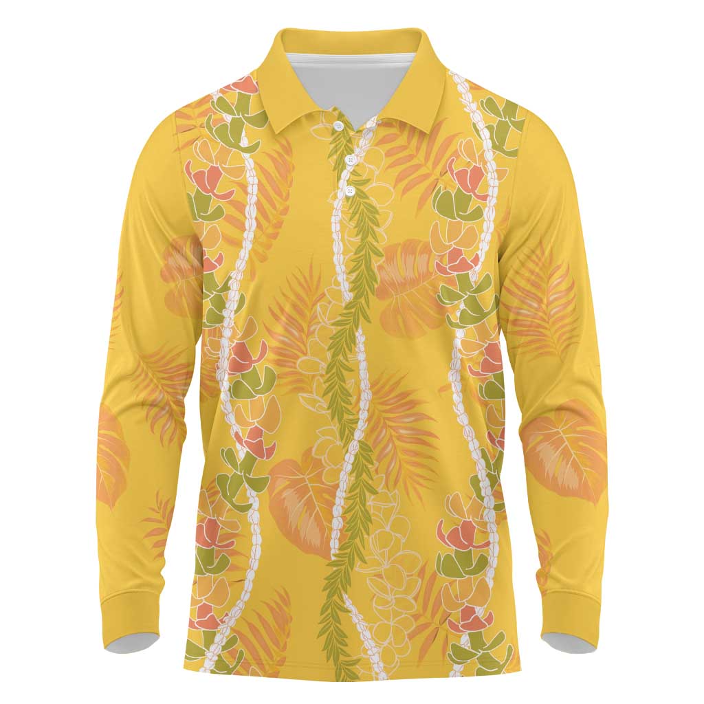 Hawaii Maile Lei Long Sleeve Polo Shirt With Yellow Monstera Pattern