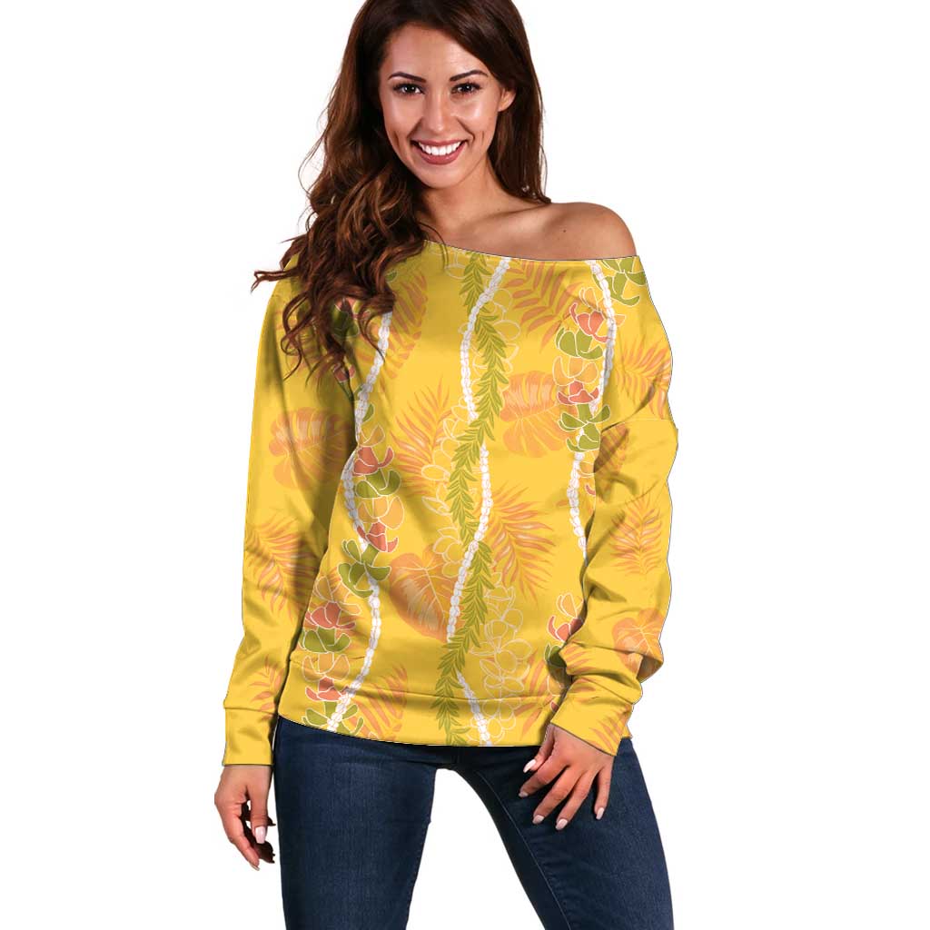 Hawaii Maile Lei Off Shoulder Sweater With Yellow Monstera Pattern