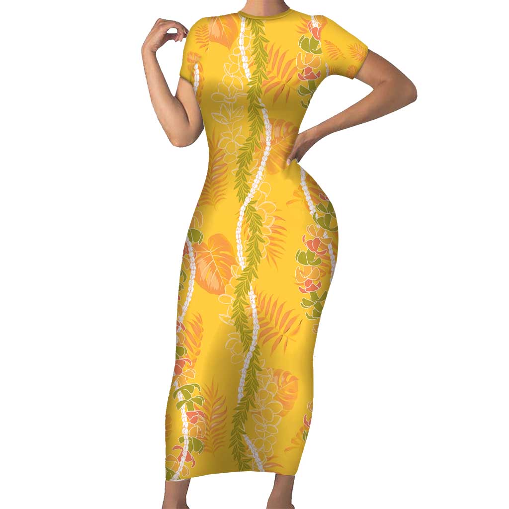 Hawaii Maile Lei Short Sleeve Bodycon Dress With Yellow Monstera Pattern