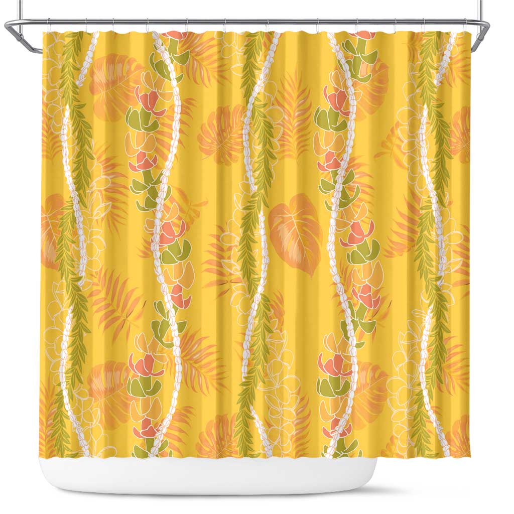 Hawaii Maile Lei Shower Curtain With Yellow Monstera Pattern