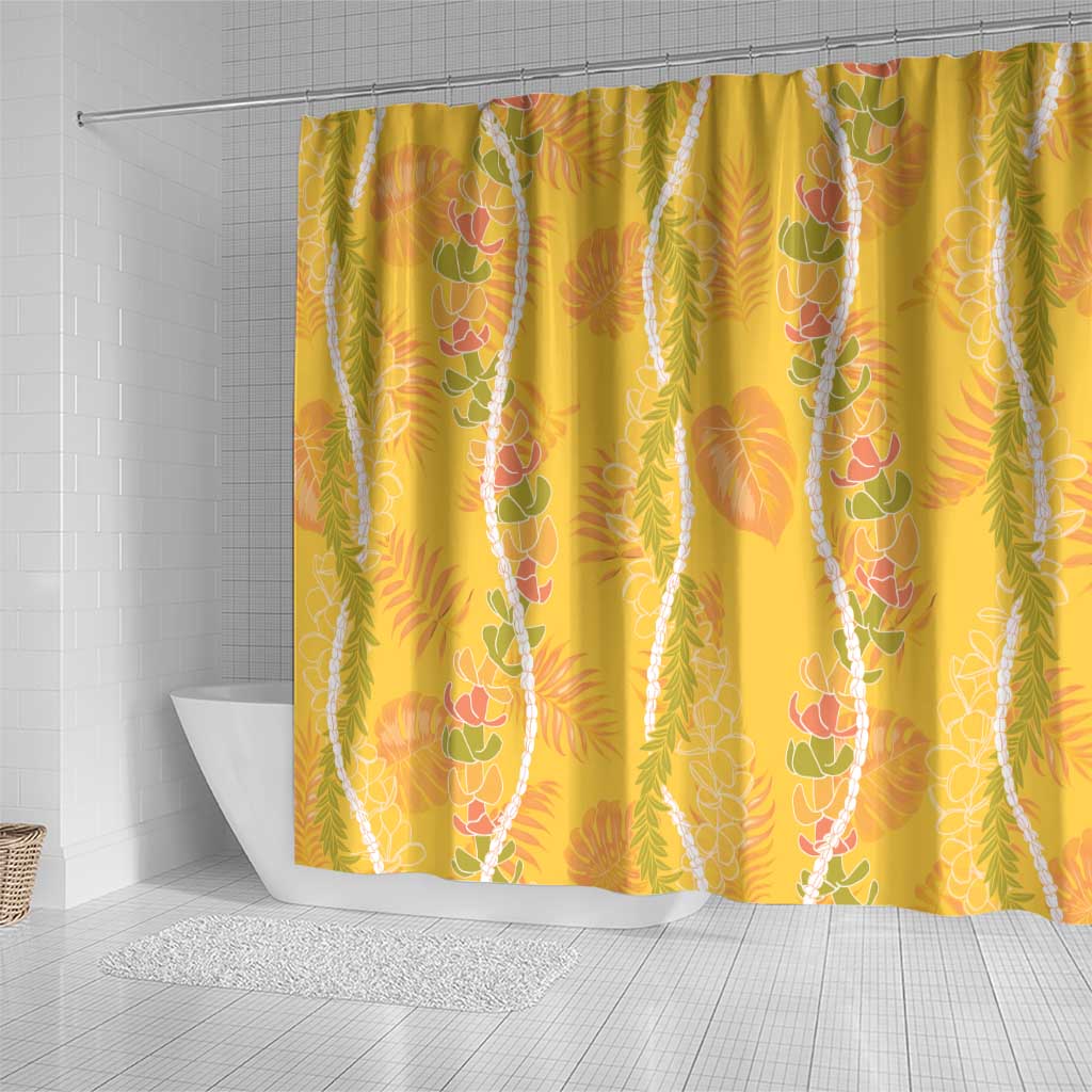 Hawaii Maile Lei Shower Curtain With Yellow Monstera Pattern