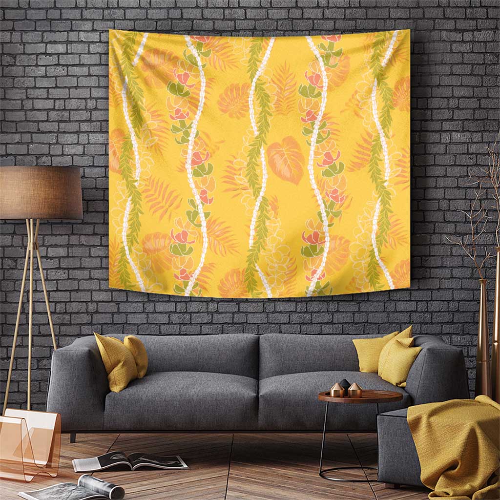 Hawaii Maile Lei Tapestry With Yellow Monstera Pattern