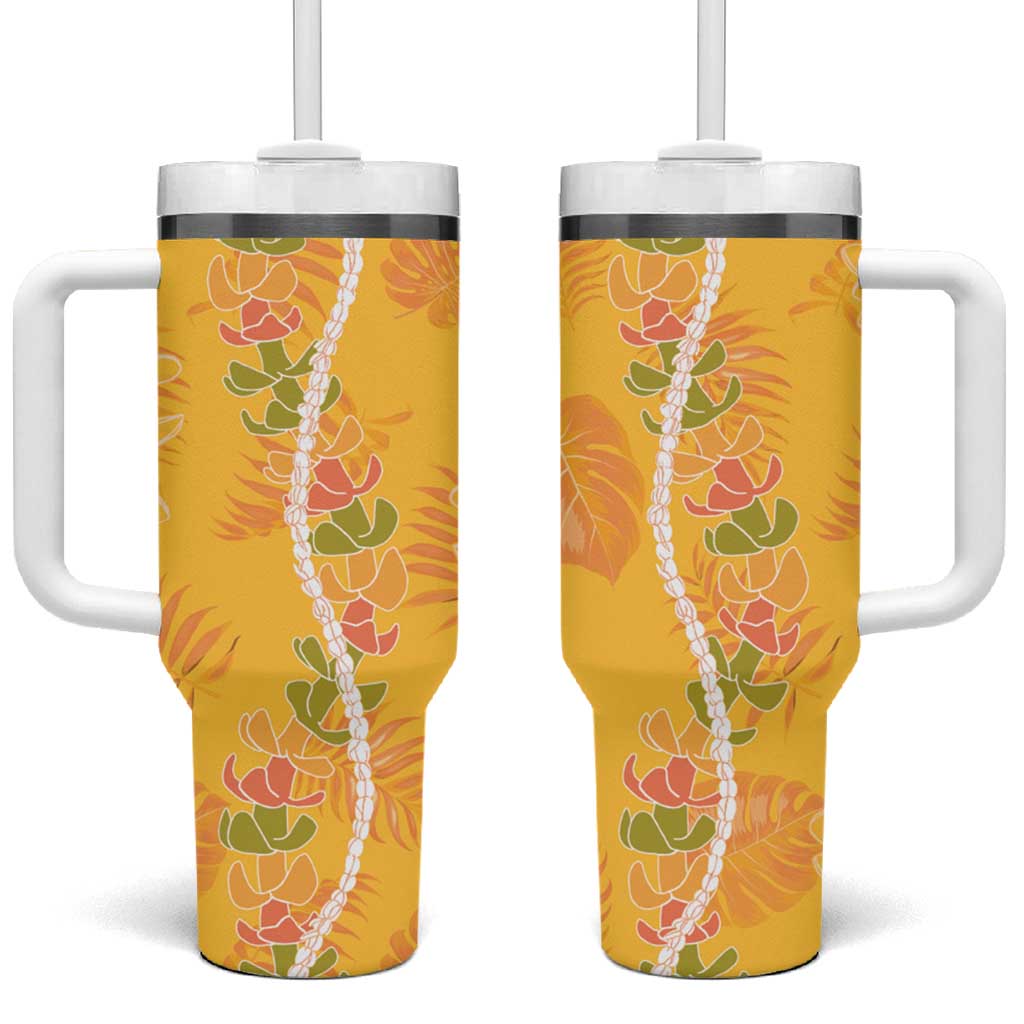 Hawaii Maile Lei Tumbler With Handle With Yellow Monstera Pattern