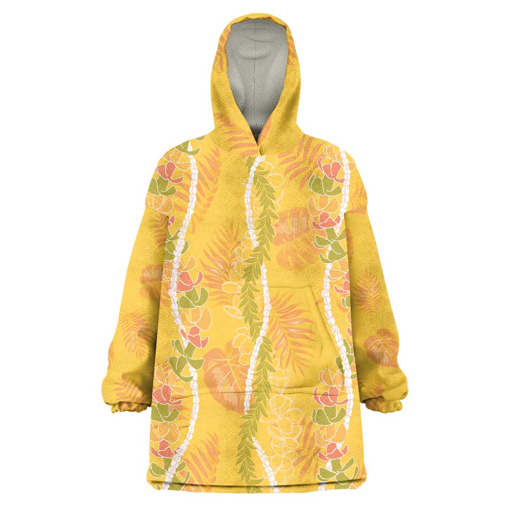 Hawaii Maile Lei Wearable Blanket Hoodie With Yellow Monstera Pattern