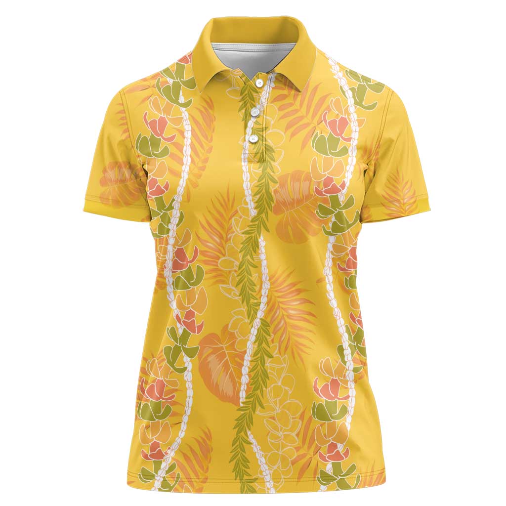 Hawaii Maile Lei Women Polo Shirt With Yellow Monstera Pattern