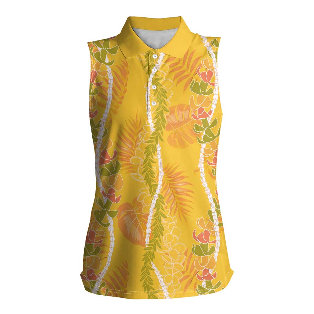 Hawaii Maile Lei Women Sleeveless Polo Shirt With Yellow Monstera Pattern