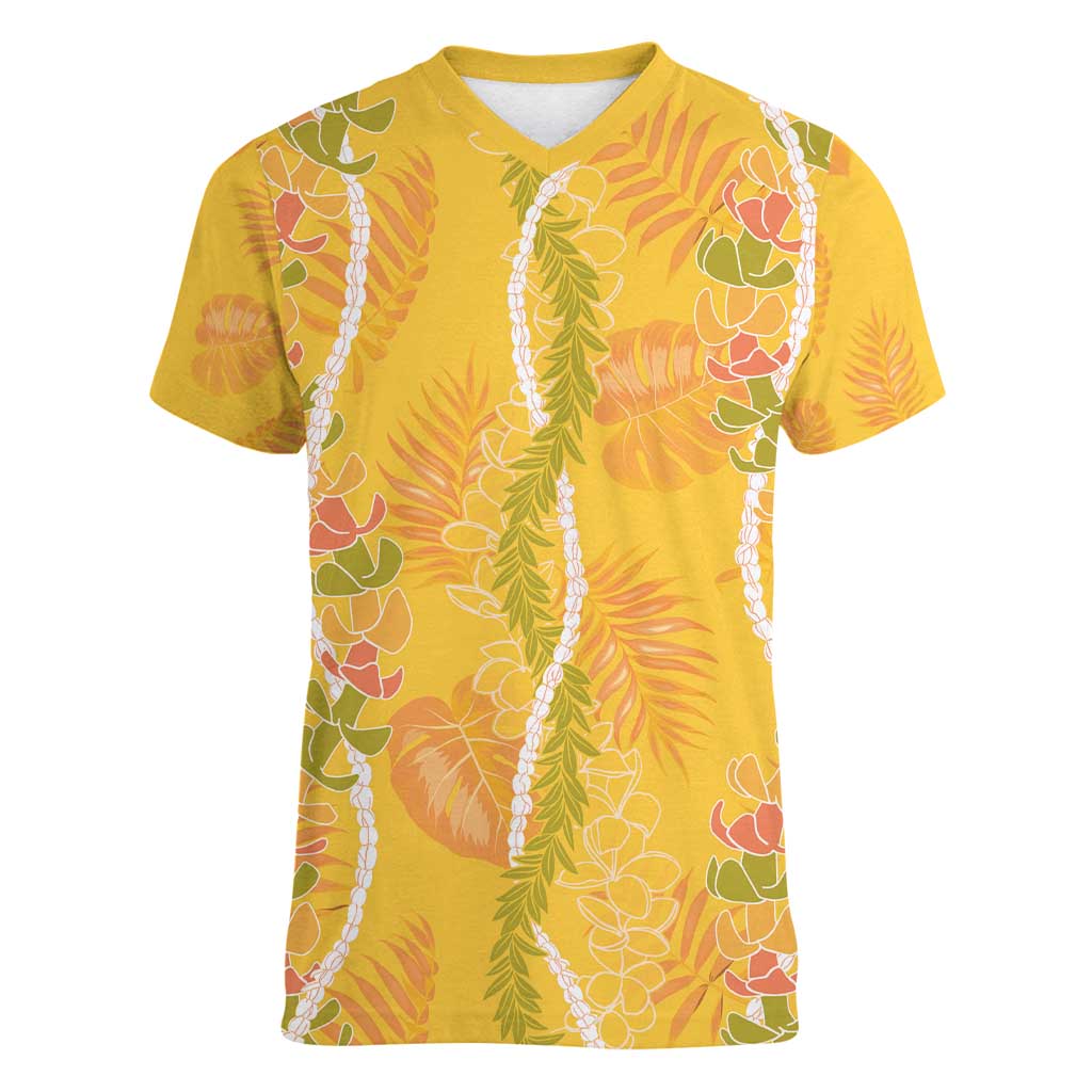 Hawaii Maile Lei Women V-Neck T-Shirt With Yellow Monstera Pattern