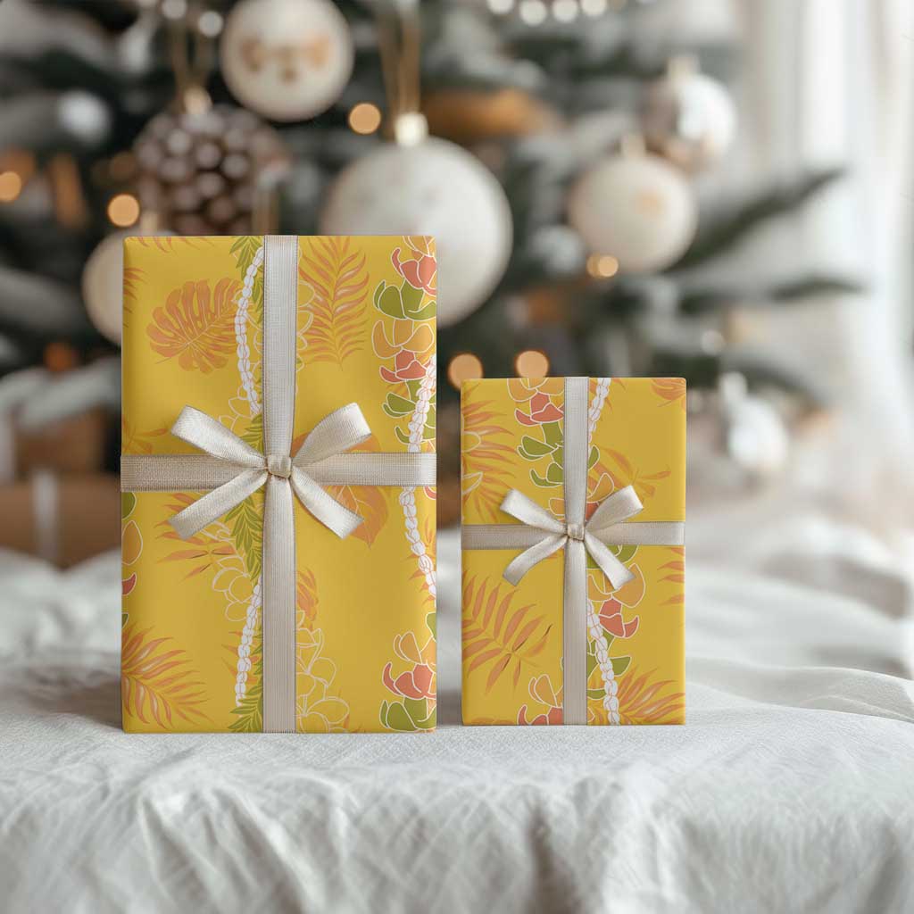 Hawaii Maile Lei Wrapping Paper With Yellow Monstera Pattern - Polynesian Pride