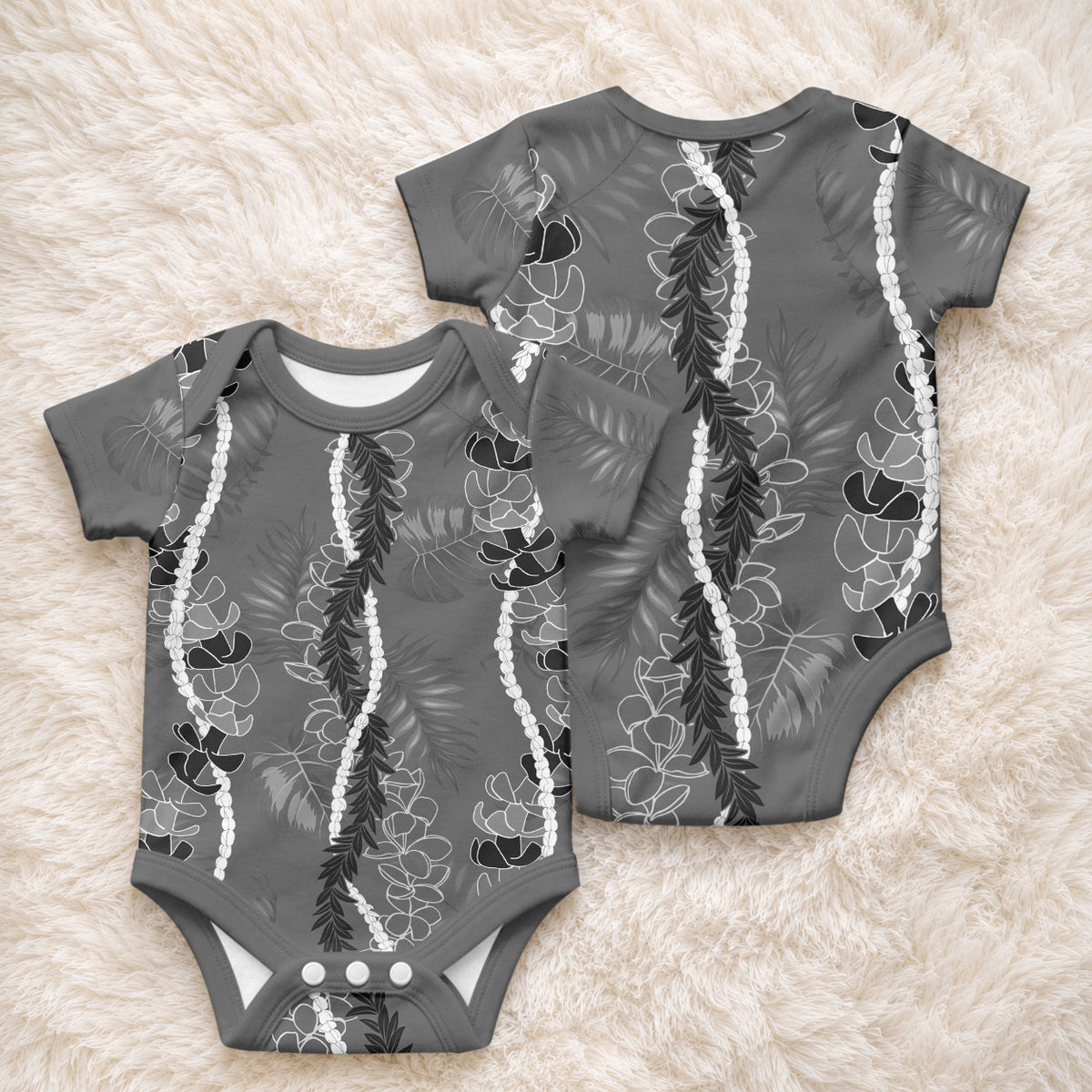 Hawaii Maile Lei Baby Onesie With Gray Monstera Pattern LT05 - Polynesian Pride