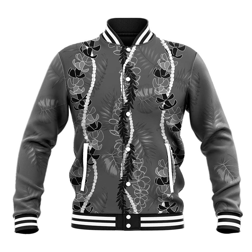 Hawaii Maile Lei Baseball Jacket With Gray Monstera Pattern