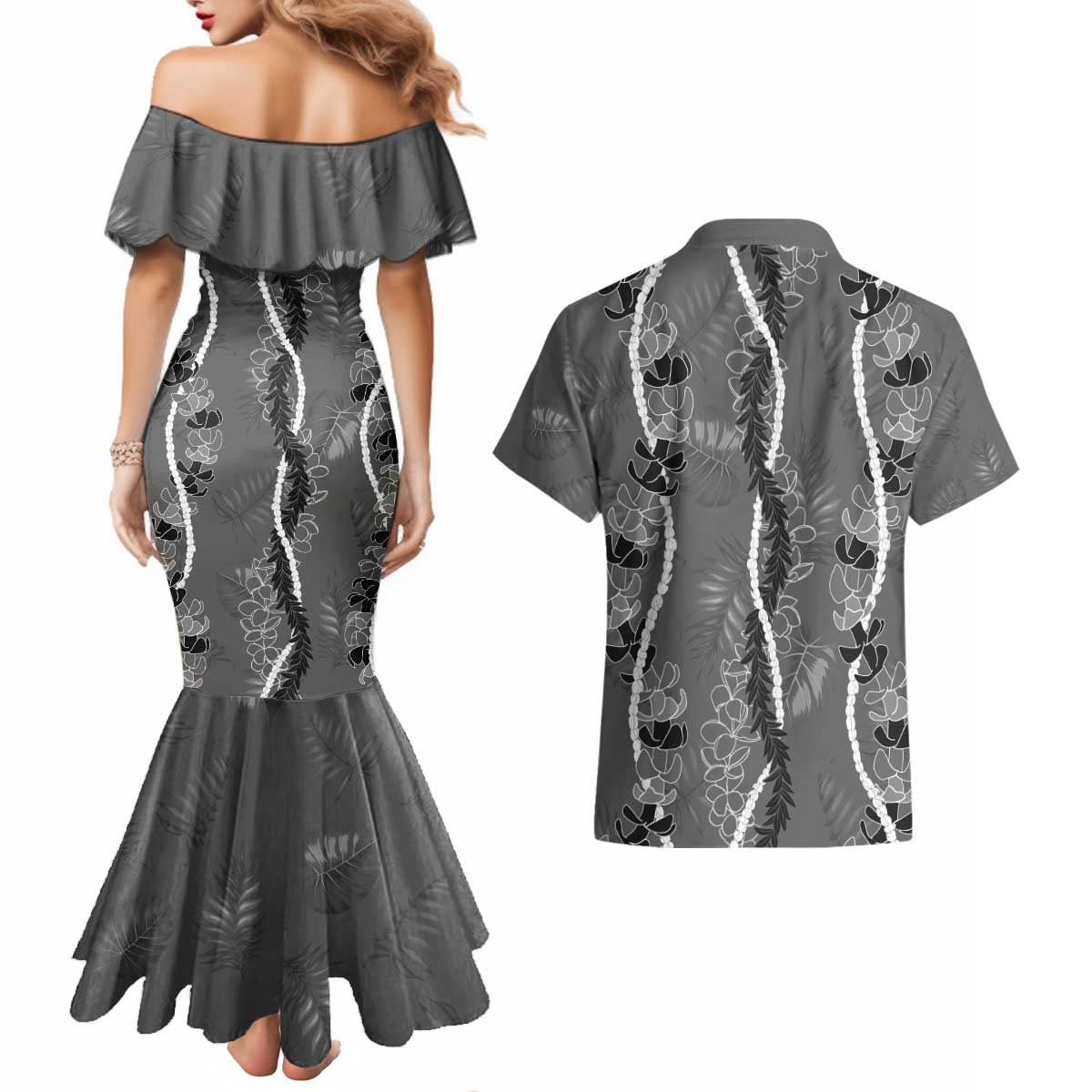 Hawaii Maile Lei Couples Matching Mermaid Dress and Hawaiian Shirt With Gray Monstera Pattern