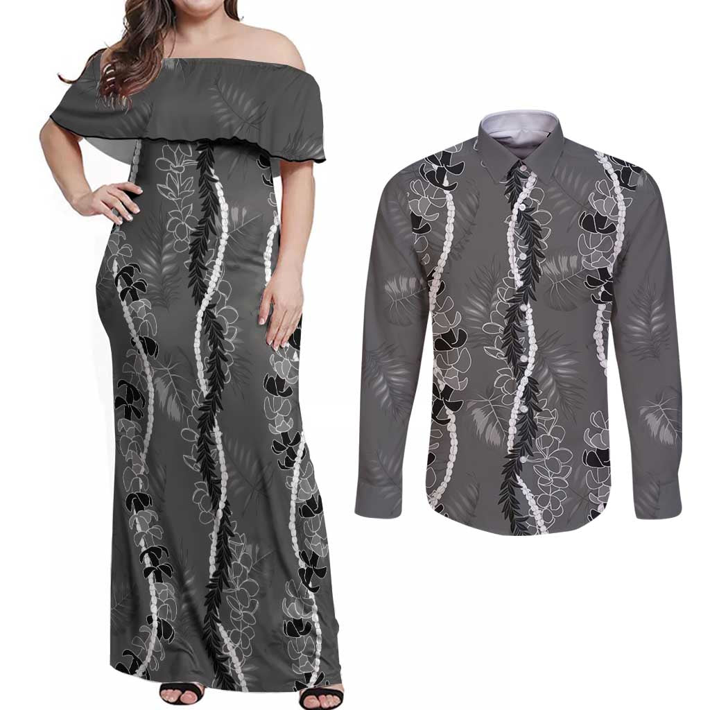 Hawaii Maile Lei Couples Matching Off Shoulder Maxi Dress and Long Sleeve Button Shirt With Gray Monstera Pattern