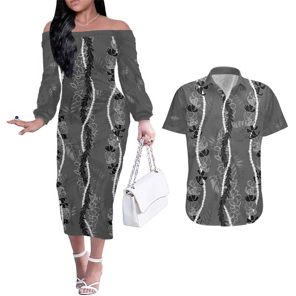 Hawaii Maile Lei Couples Matching Off The Shoulder Long Sleeve Dress and Hawaiian Shirt With Gray Monstera Pattern