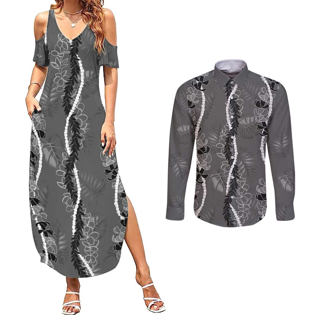 Hawaii Maile Lei Couples Matching Summer Maxi Dress and Long Sleeve Button Shirt With Gray Monstera Pattern