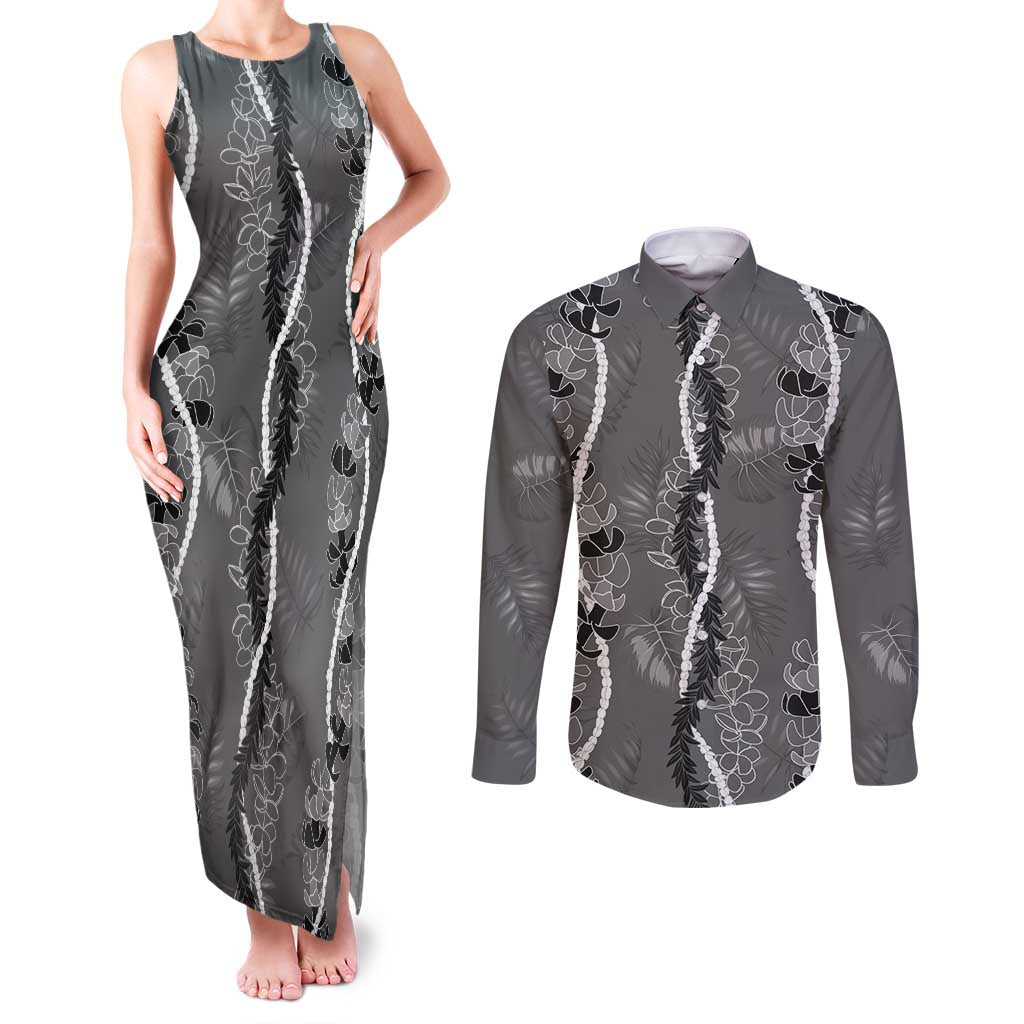 Hawaii Maile Lei Couples Matching Tank Maxi Dress and Long Sleeve Button Shirt With Gray Monstera Pattern