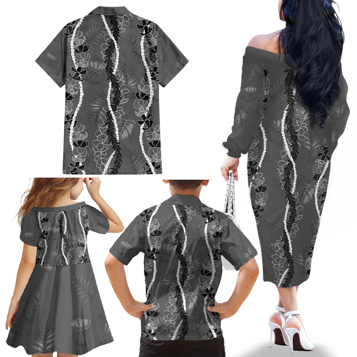 Hawaii Maile Lei Family Matching Off The Shoulder Long Sleeve Dress and Hawaiian Shirt With Gray Monstera Pattern