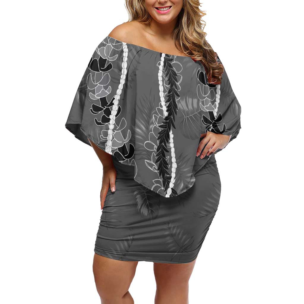Hawaii Maile Lei Family Matching Off Shoulder Short Dress and Hawaiian Shirt With Gray Monstera Pattern