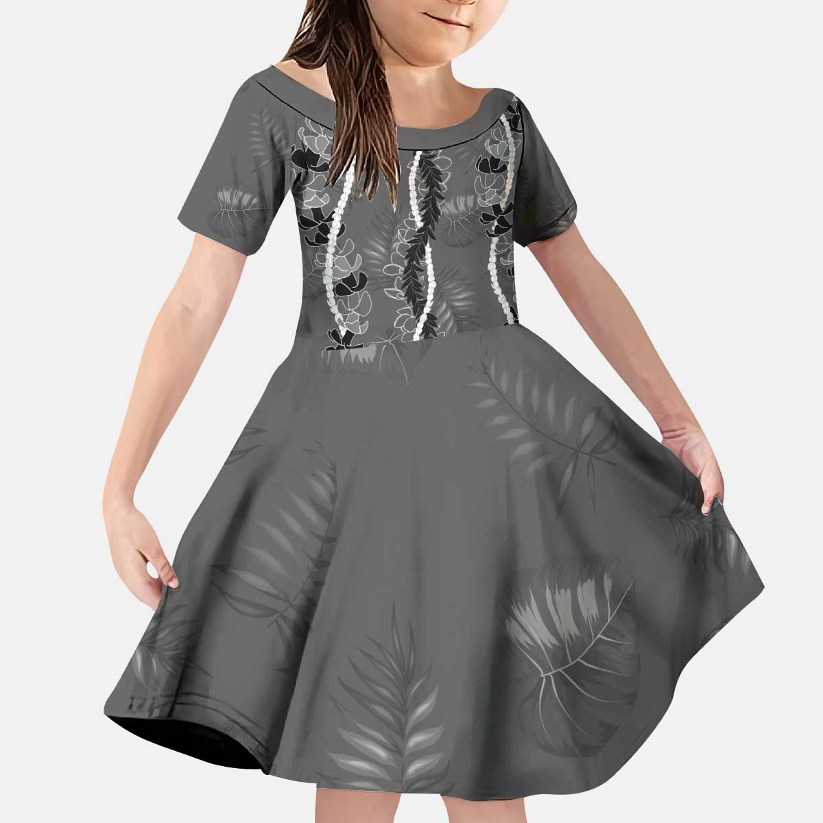 Hawaii Maile Lei Kid Short Sleeve Dress With Gray Monstera Pattern