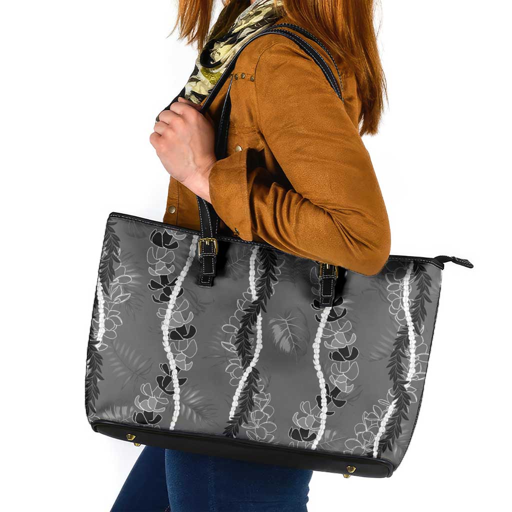 Hawaii Maile Lei Leather Tote Bag With Gray Monstera Pattern