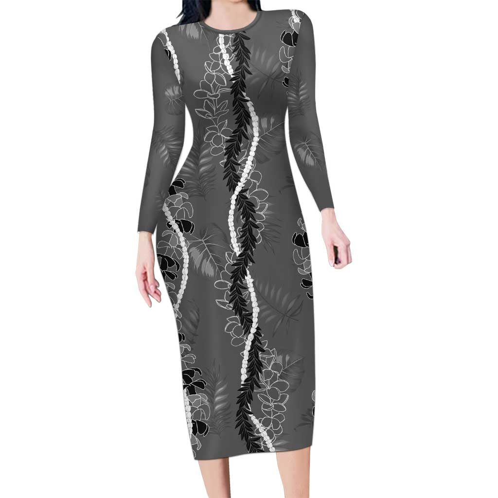 Hawaii Maile Lei Long Sleeve Bodycon Dress With Gray Monstera Pattern