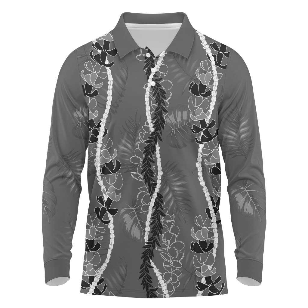 Hawaii Maile Lei Long Sleeve Polo Shirt With Gray Monstera Pattern