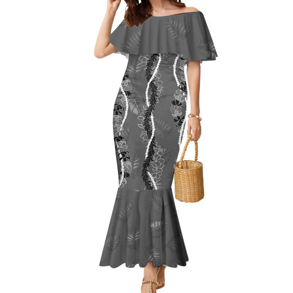 Hawaii Maile Lei Mermaid Dress With Gray Monstera Pattern