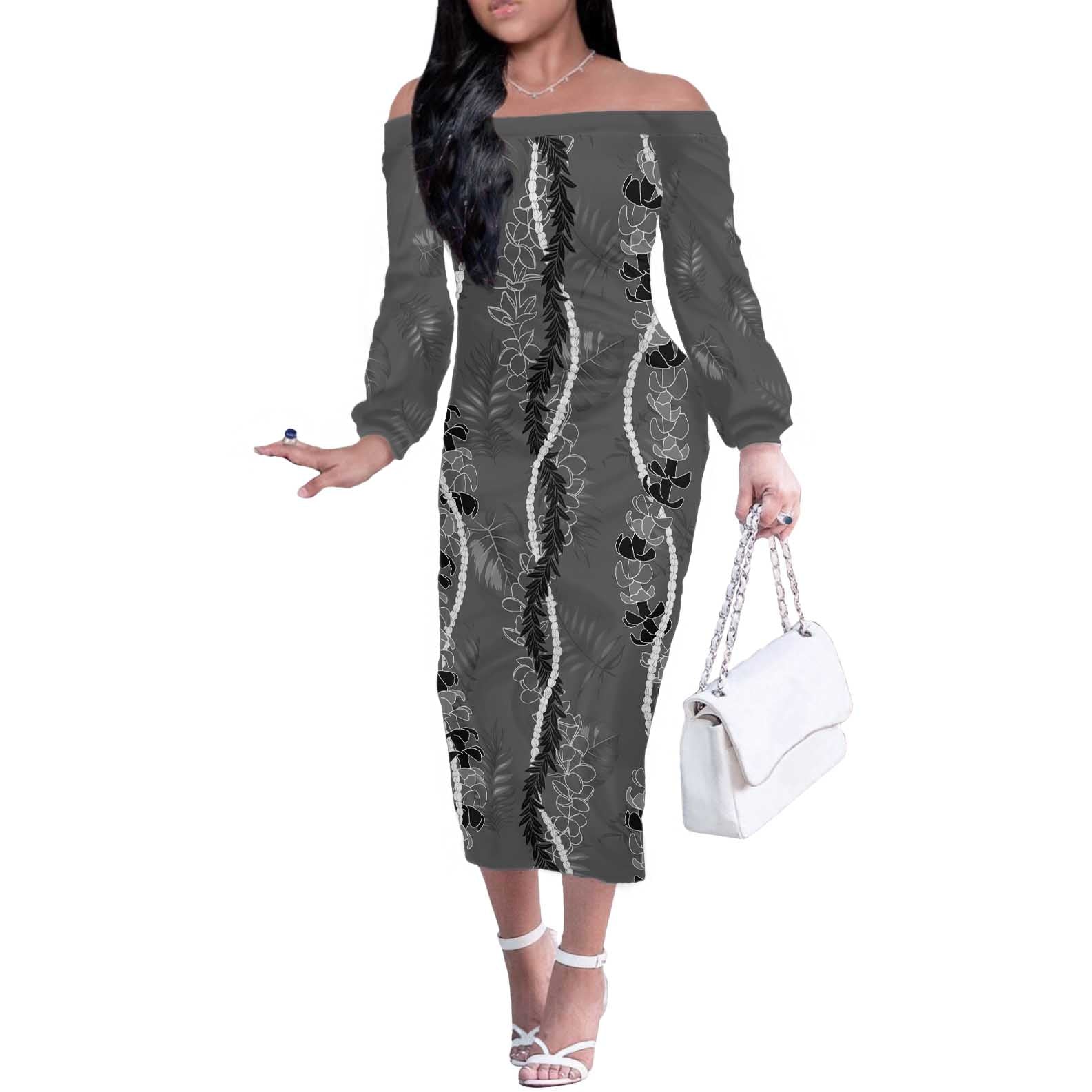 Hawaii Maile Lei Off The Shoulder Long Sleeve Dress With Gray Monstera Pattern