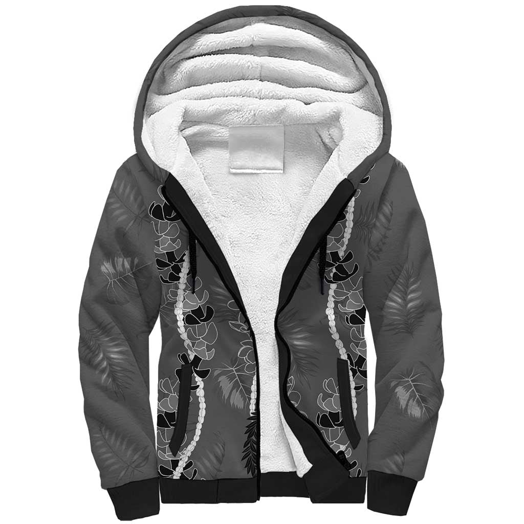 Hawaii Maile Lei Sherpa Hoodie With Gray Monstera Pattern