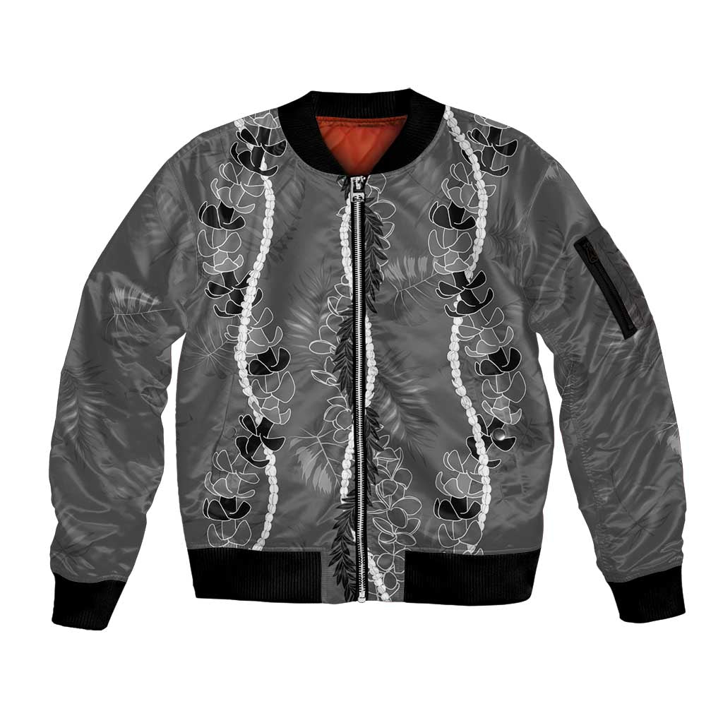 Hawaii Maile Lei Sleeve Zip Bomber Jacket With Gray Monstera Pattern