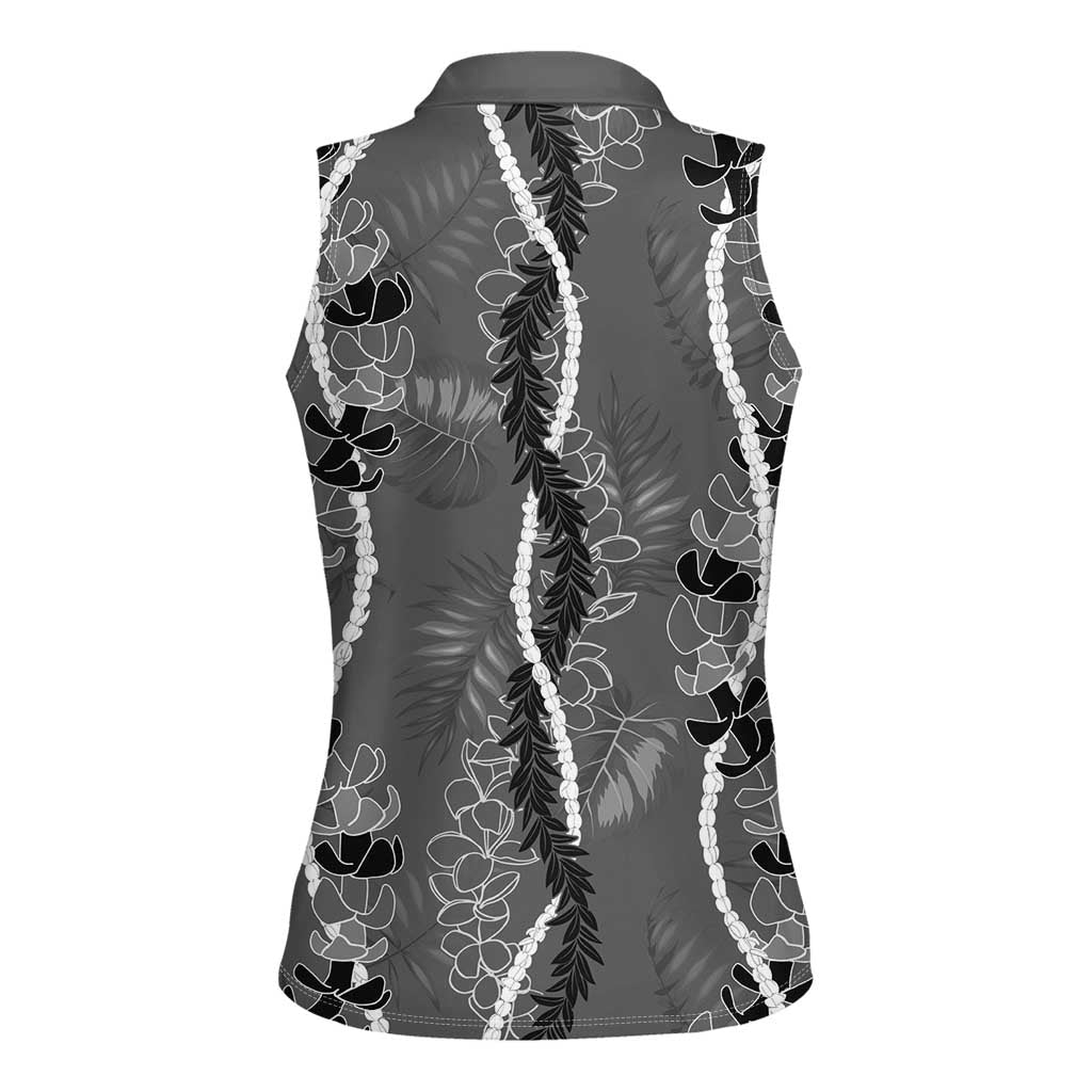 Hawaii Maile Lei Women Sleeveless Polo Shirt With Gray Monstera Pattern