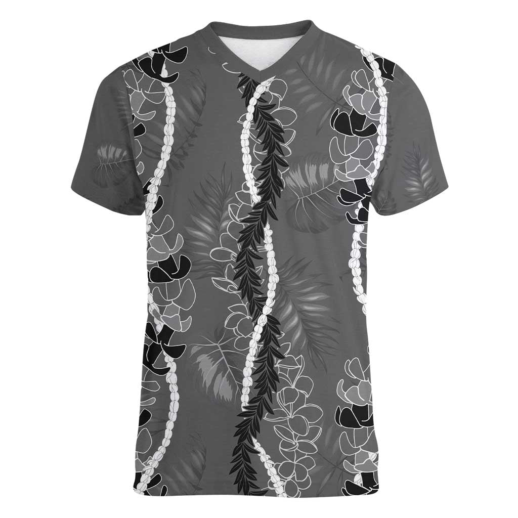 Hawaii Maile Lei Women V-Neck T-Shirt With Gray Monstera Pattern