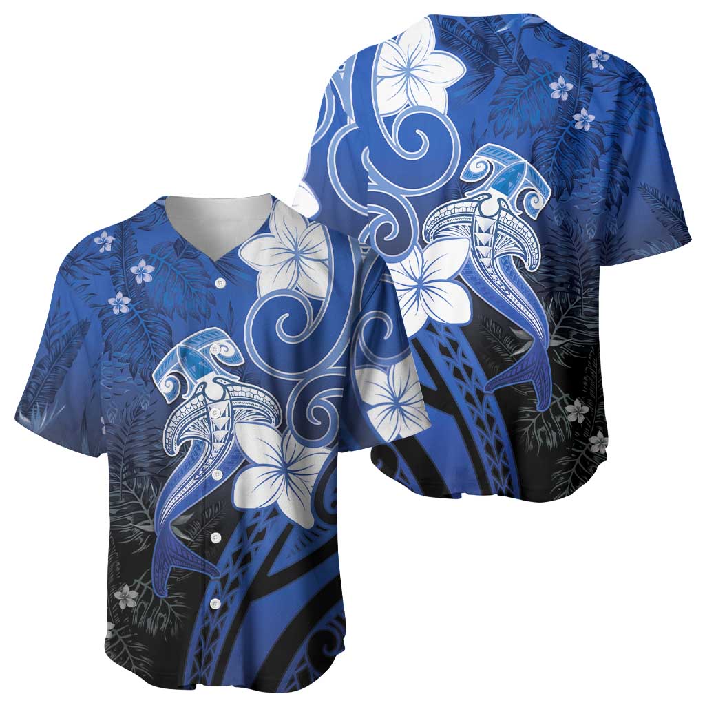 Polynesia Hammerhead Shark Baseball Jersey Blue Tribal Pattern With Plumeria - Polynesian Pride